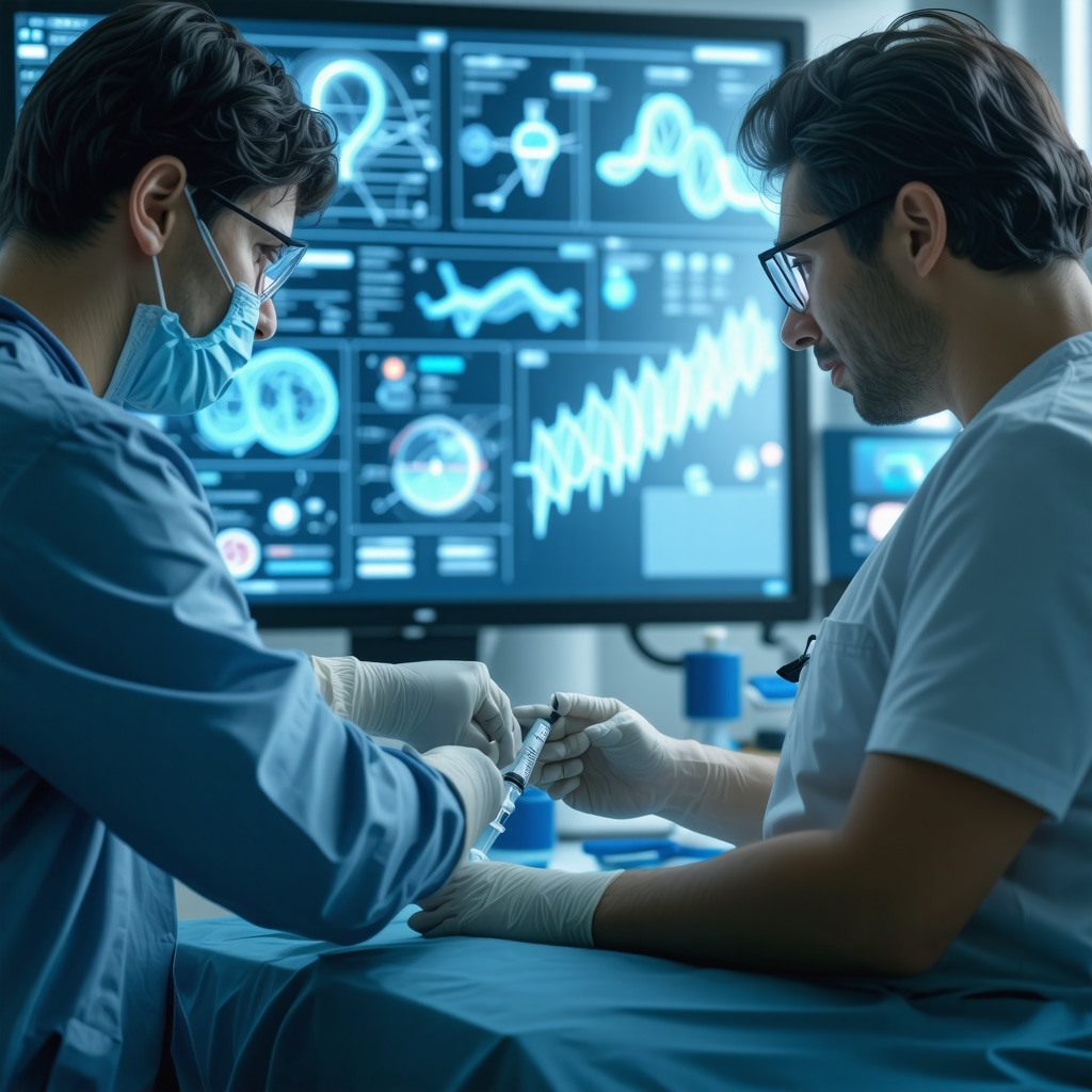 Futuristic medical interface showing genetic profiles and digital health data for personalized Ozempic treatment