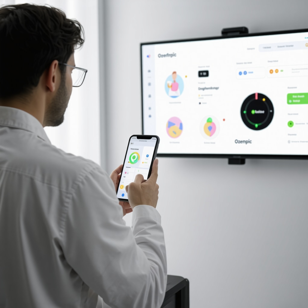 Patient using smartphone app for Ozempic weight loss management with doctor monitoring data
