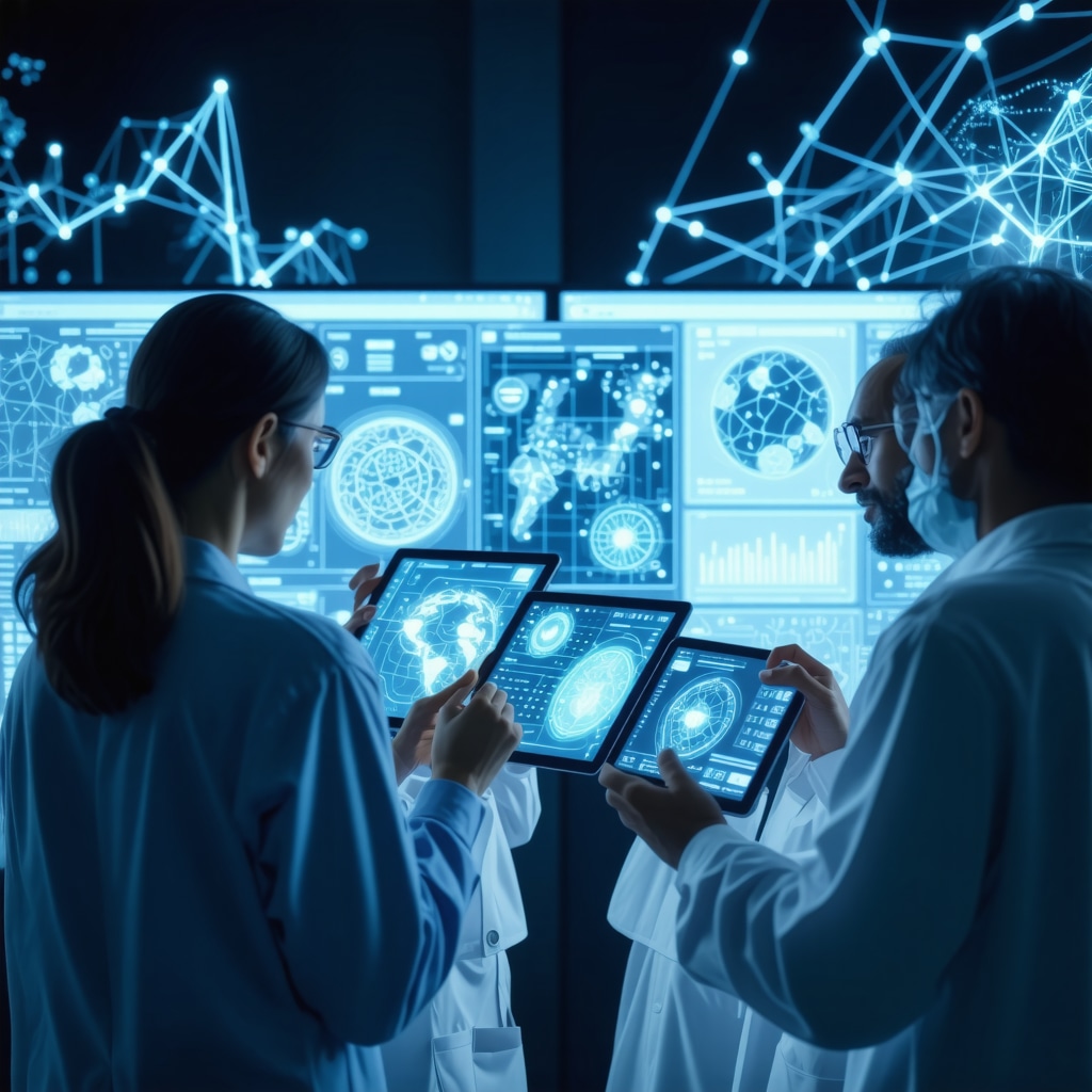 Healthcare professionals reviewing a digital dashboard with blockchain and genetic data for Ozempic supply security and personalized treatment