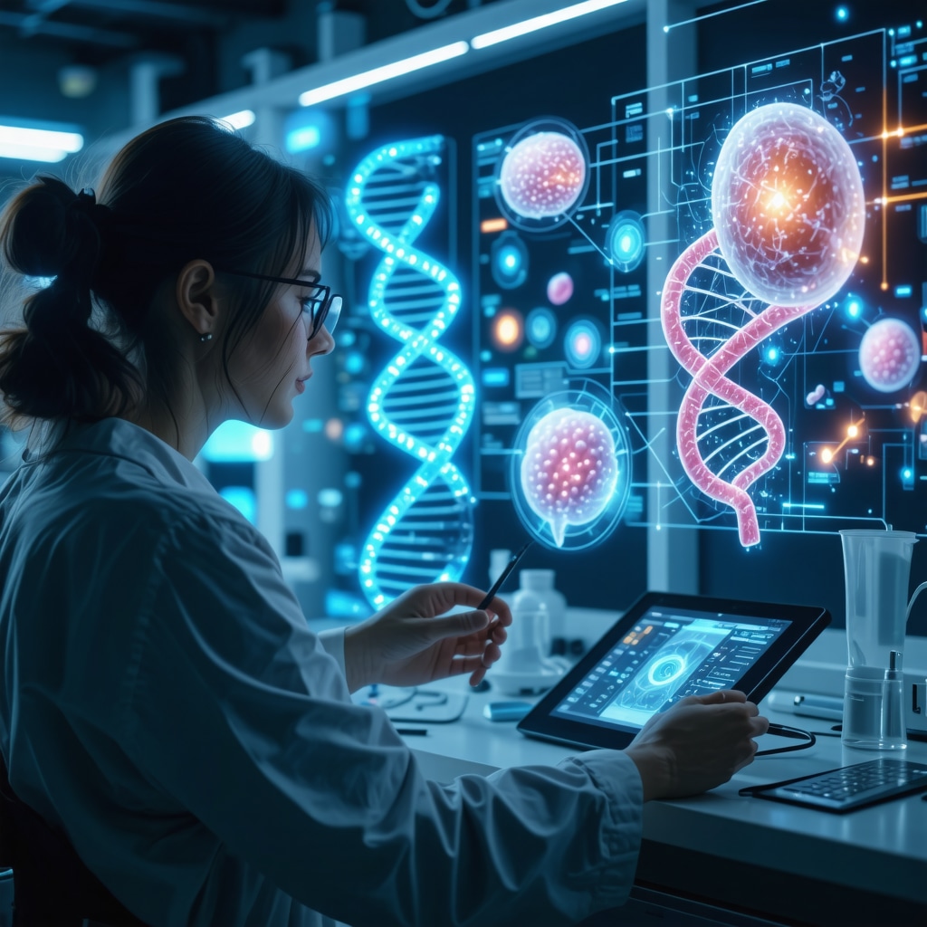 Patient using AI health devices with DNA and microbiome holograms representing personalized Ozempic treatment