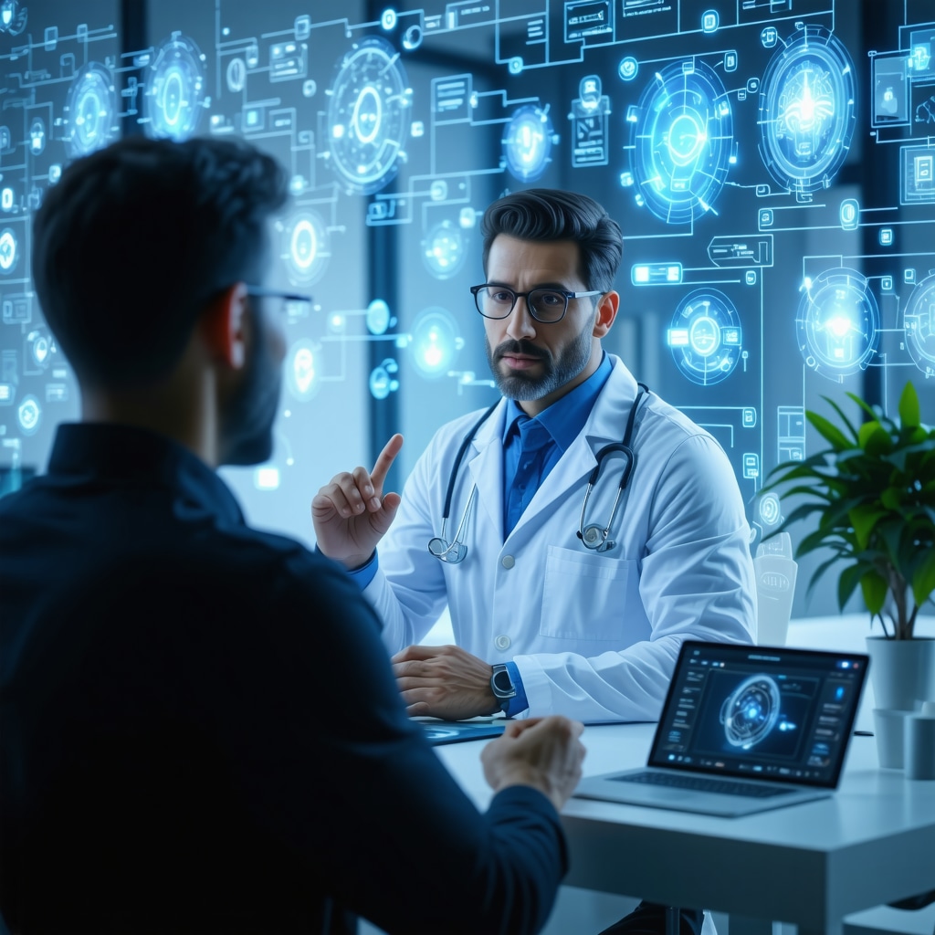 Patient in telehealth video call with doctor, AI analytics and wearable device data holograms visible