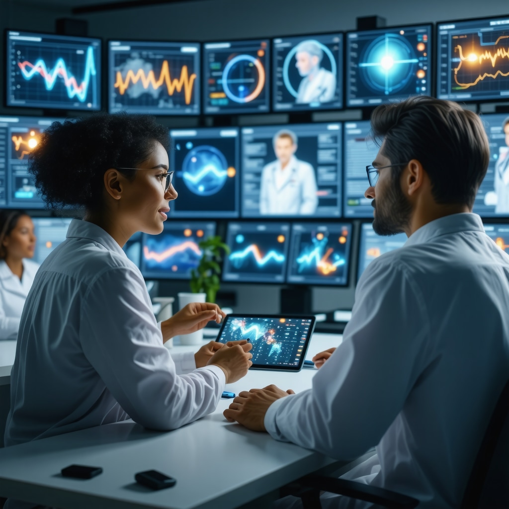 Telehealth consultation featuring a patient and multiple healthcare professionals using advanced digital tools and health analytics
