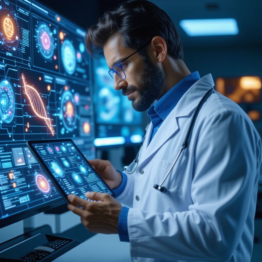 Doctor reviewing AI-driven patient data and genetic profiles for personalized Ozempic weight loss therapy