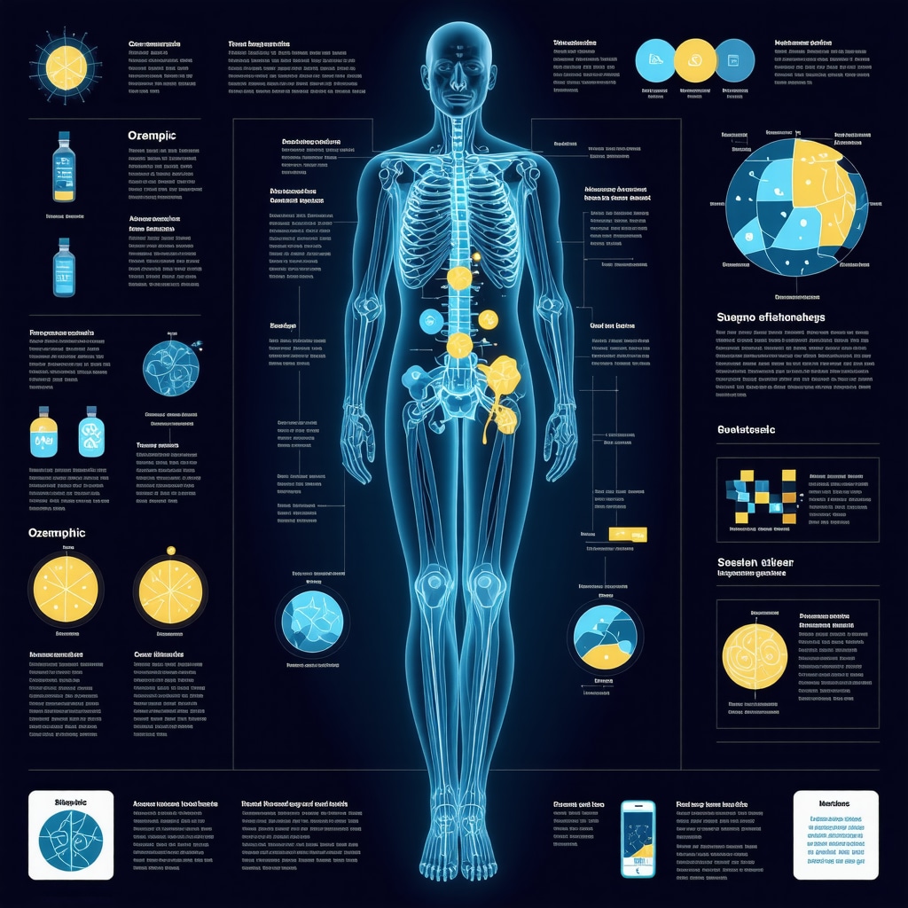 Infographic showing genetic influences, clinical multimodal protocols, and digital monitoring in Ozempic treatment