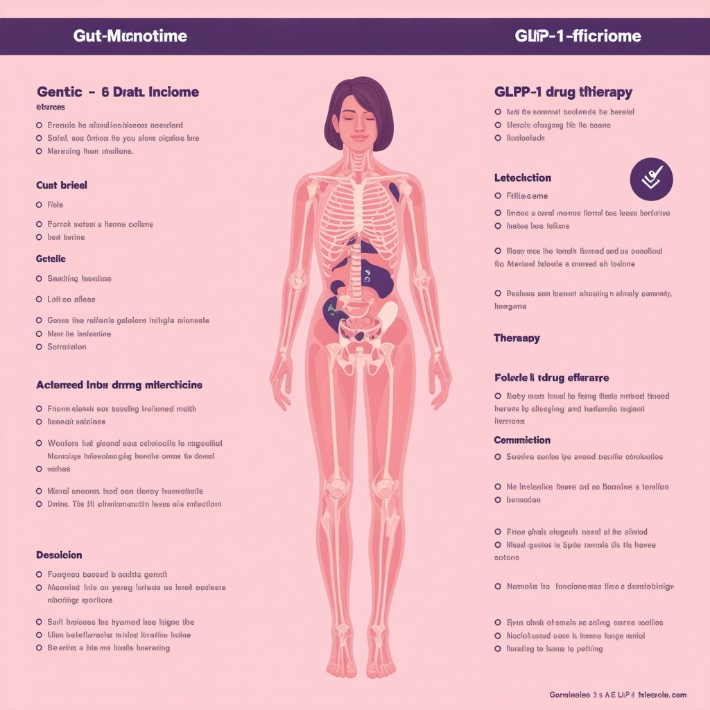 Infographic illustrating genetic and gut microbiome influence on GLP-1 drug outcomes for personalized weight loss treatment
