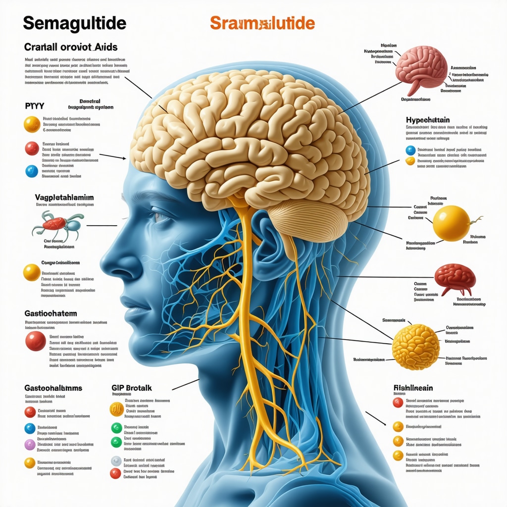 Infographic depicting semaglutide's influence on gut-brain axis, CNS, and gastrointestinal hormones for Ozempic side effect management