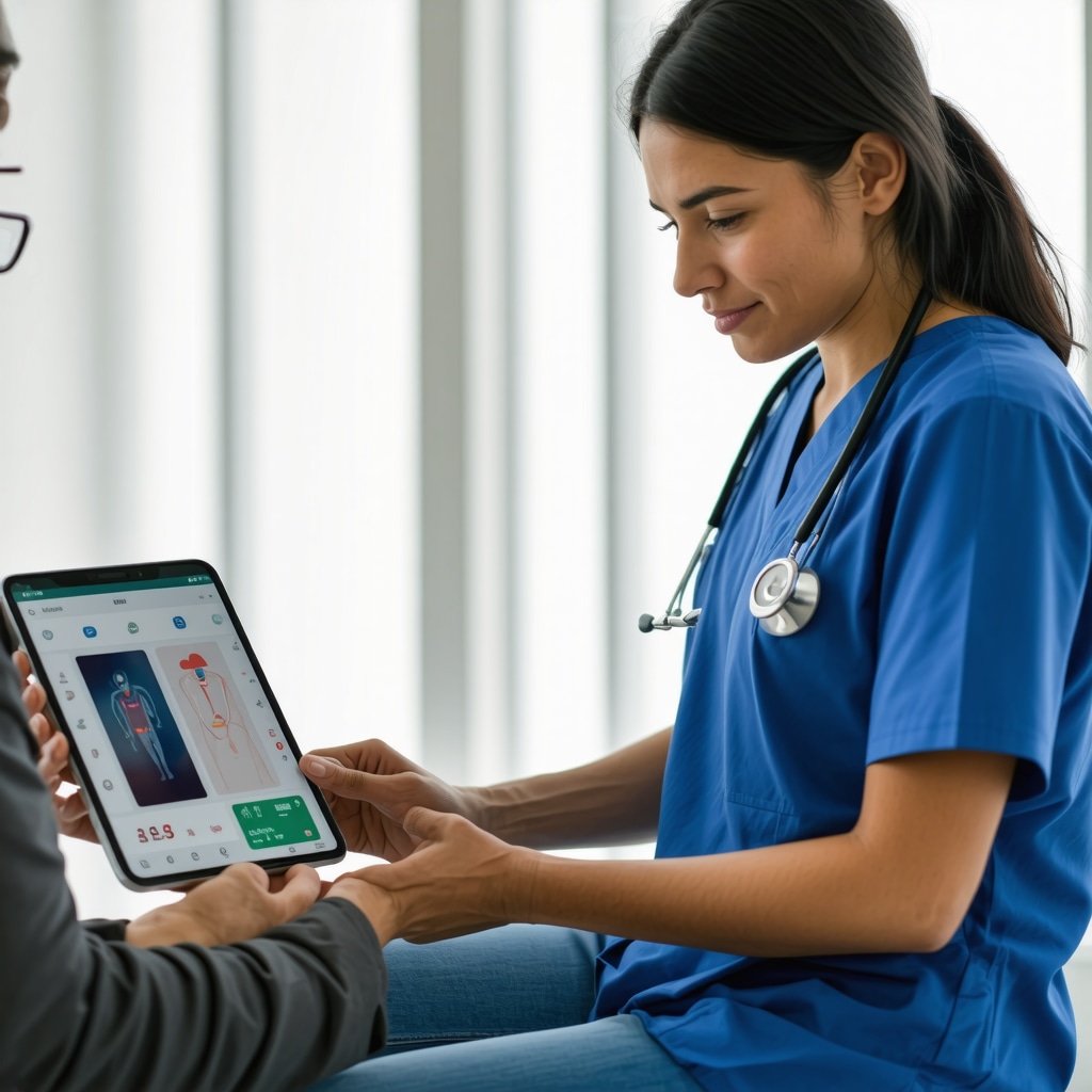 Clinical scene with physician and patient using digital health app for Ozempic weight loss treatment monitoring