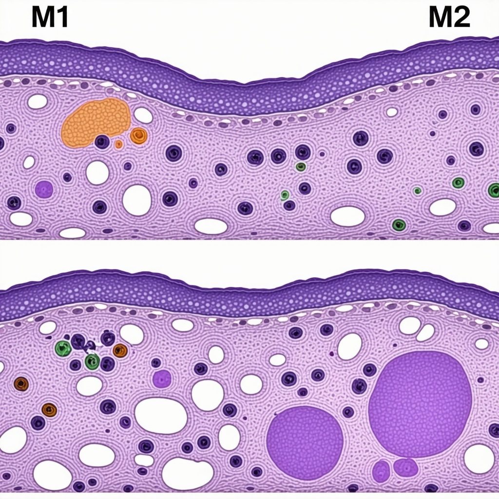 Scientific illustration showing macrophage polarization shifts and thermogenesis markers in adipose tissue influenced by GLP-1 receptor agonists