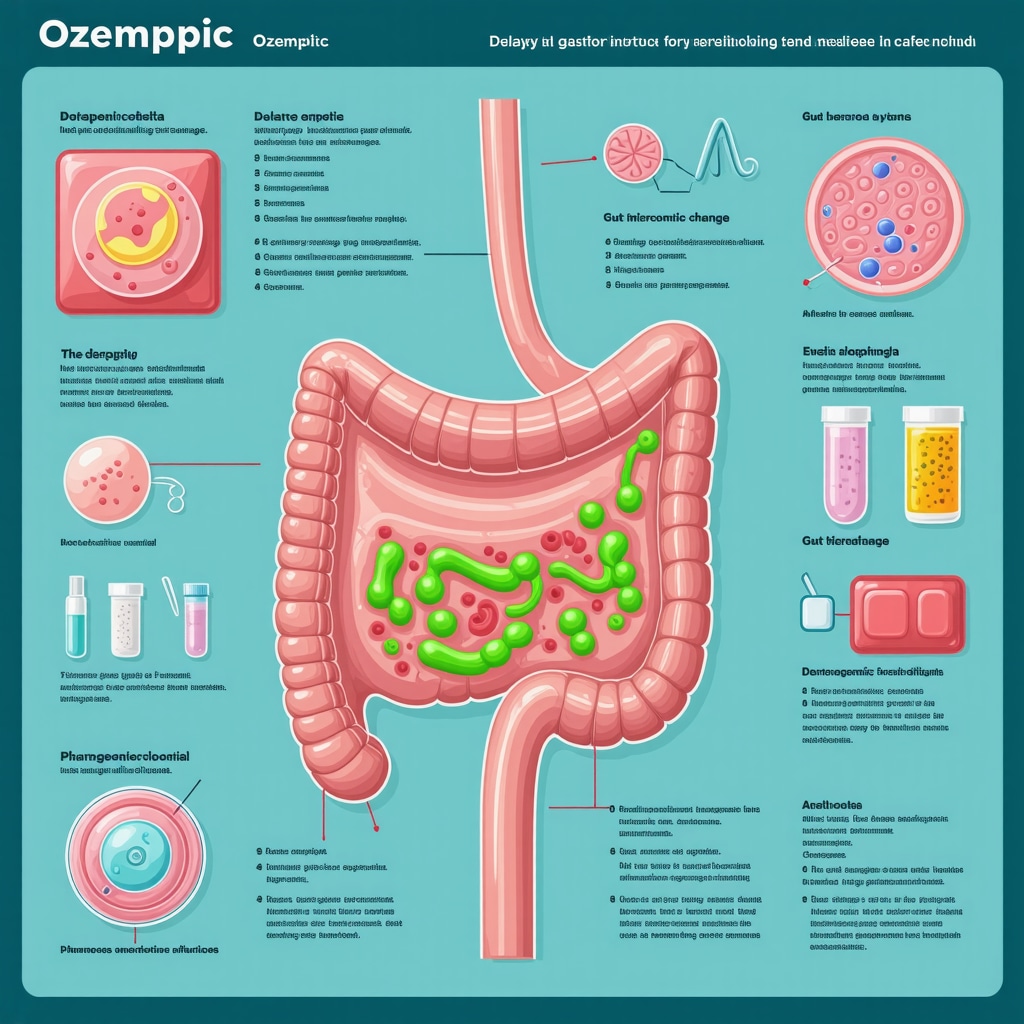 Detailed infographic showing Ozempic's impact on the gastrointestinal system, gut microbiota, genetic factors, and digital health monitoring