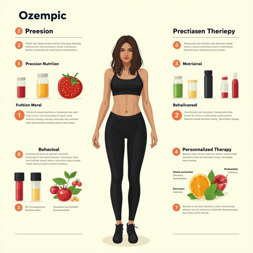 Infographic depicting Ozempic medication synergizing with precision nutrition and behavioral interventions for enhanced weight loss outcomes