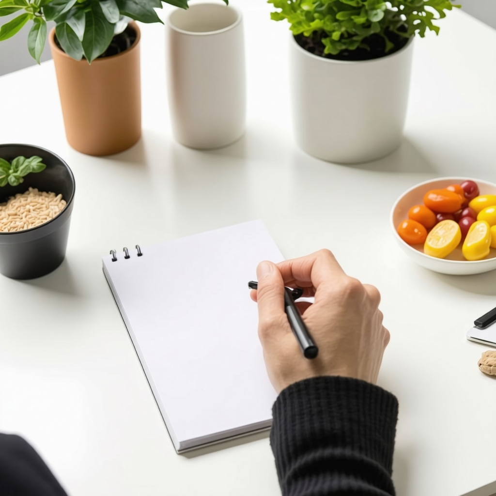 Person writing in a journal tracking their Ozempic weight loss journey, with Ozempic pen and healthy snacks on the desk