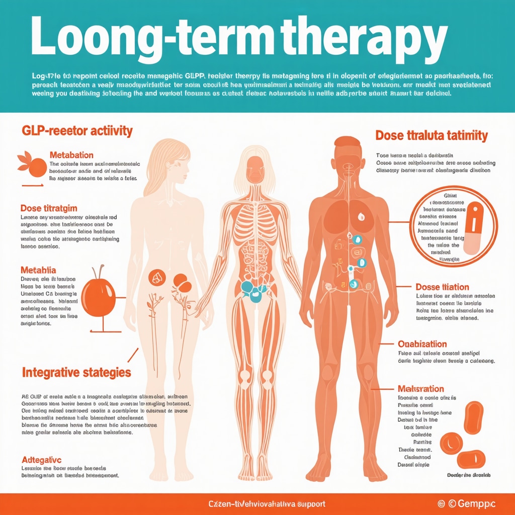 Infographic showing GLP-1 receptor activity, metabolic adaptations, dose titration, and behavioral interventions in Ozempic weight loss therapy