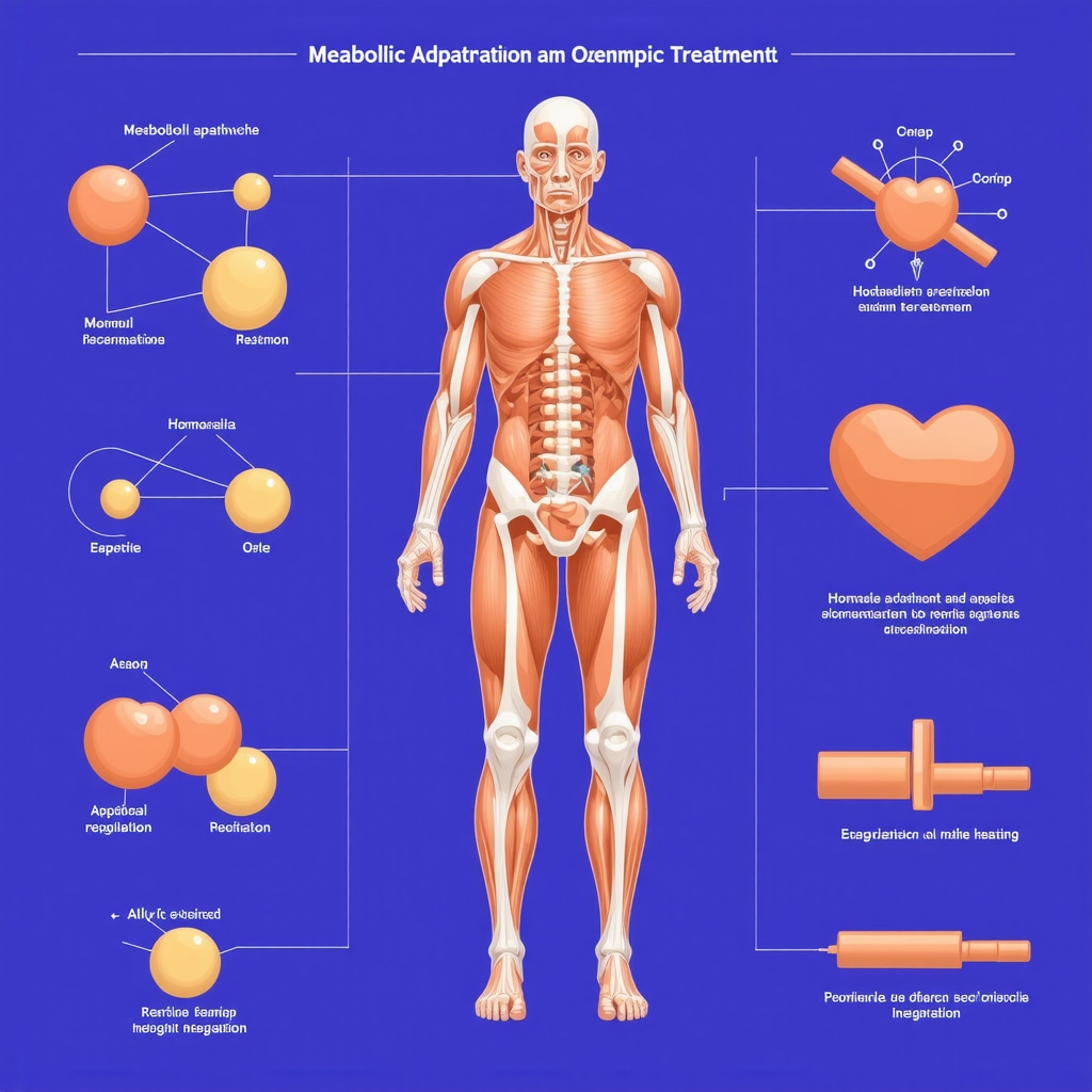 Infographic showing metabolic pathways, hormonal changes, and exercise benefits related to Ozempic therapy