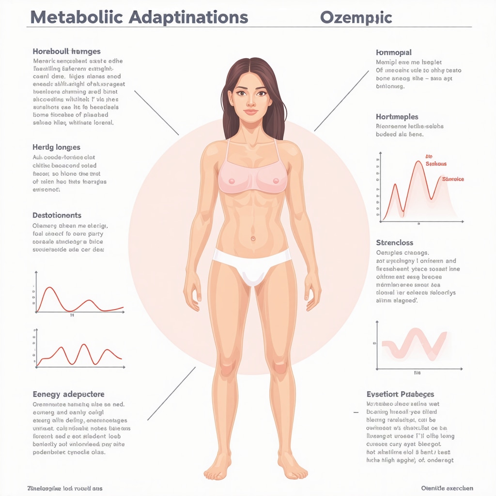 Infographic showing hormonal and metabolic changes during Ozempic treatment and methods to break weight loss plateaus