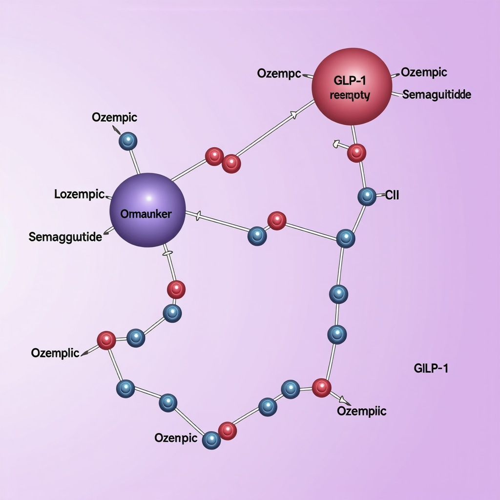 Detailed molecular diagram of GLP-1 receptor binding with semaglutide highlighting genetic and biomarker pathways