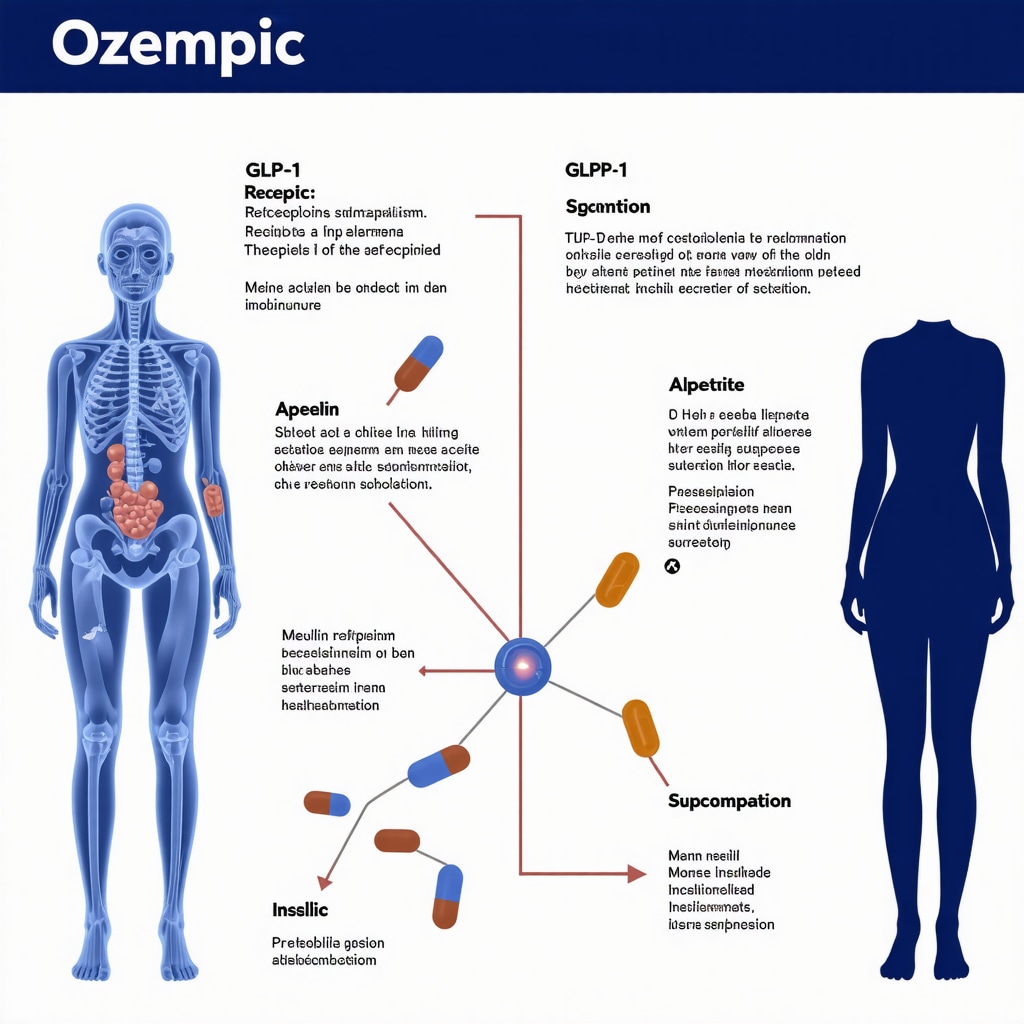 Medical infographic detailing Ozempic's multi-pathway mechanism of action including appetite and glucose regulation