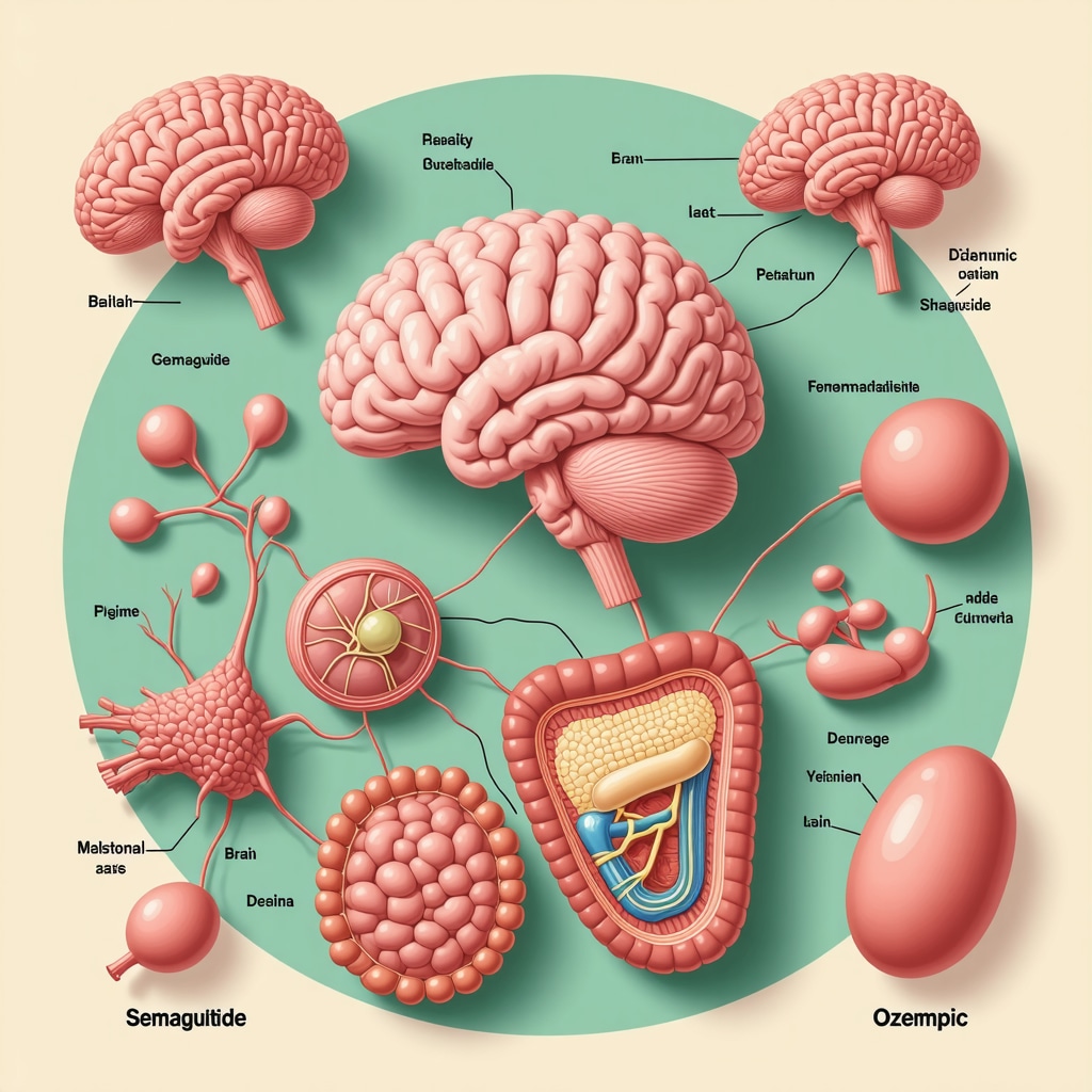 Diagram showing Ozempic's action on gut-brain axis for weight loss
