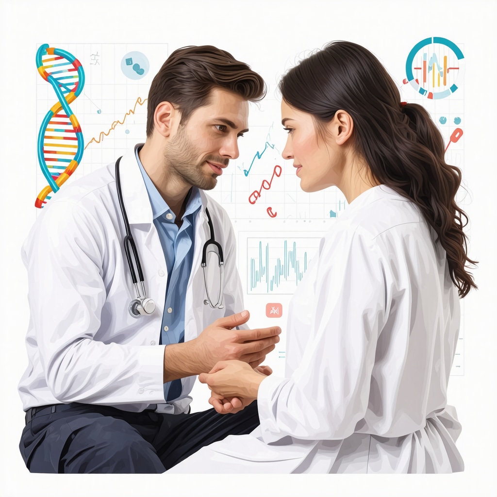 Doctor and patient discussing personalized Ozempic treatment with genetic and metabolic data visuals
