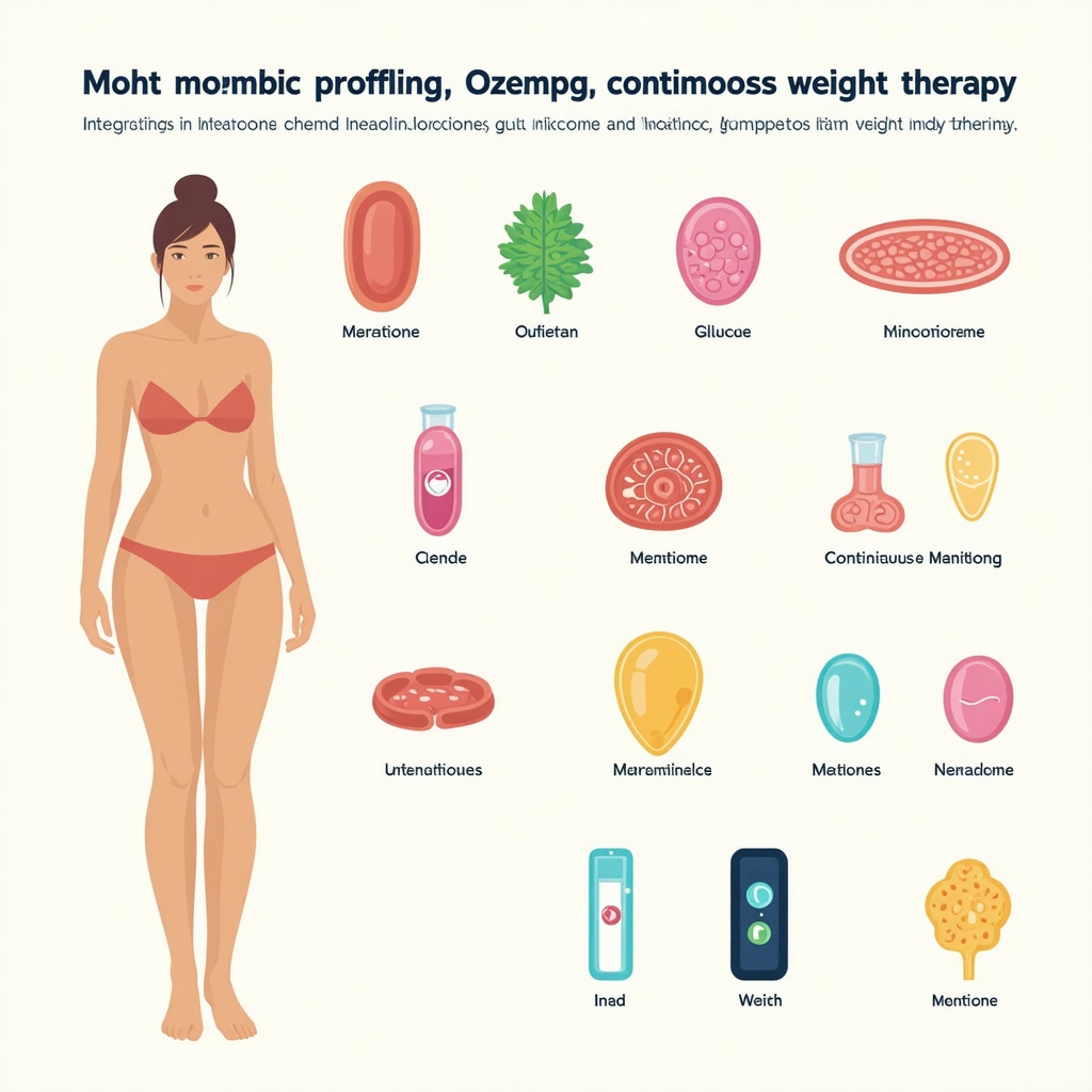 Infographic showing metabolic profiling, gut microbiome, and continuous glucose monitoring integration in Ozempic weight loss management