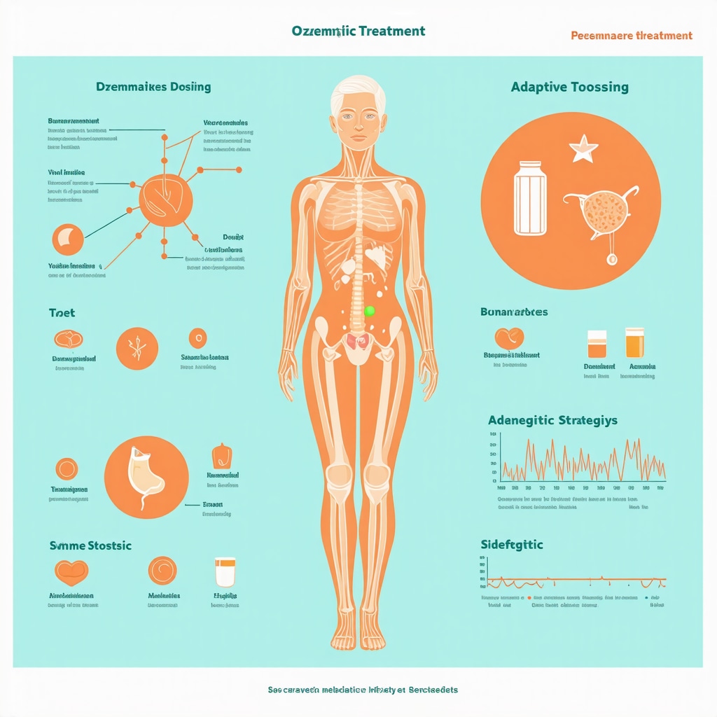 Infographic showing personalized Ozempic therapy including biomarkers, adaptive dose escalation, and combined lifestyle approaches