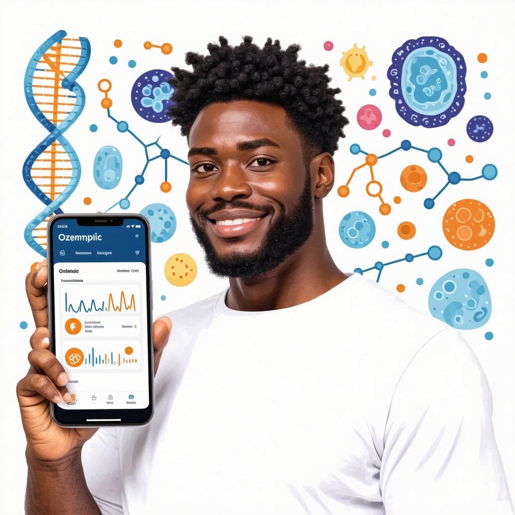 Patient using Ozempic injection with smartphone showing health data and DNA strands representing precision medicine