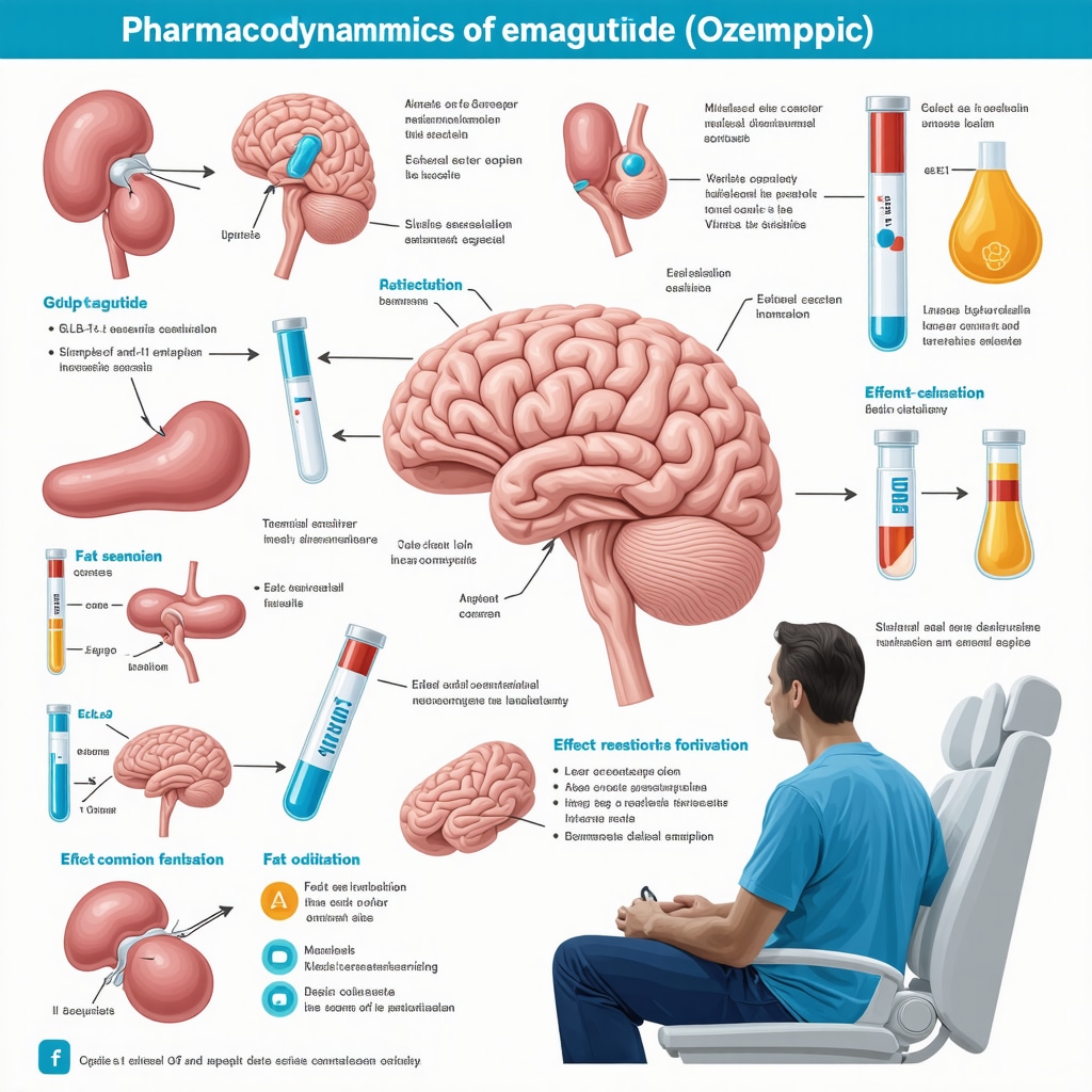 Infographic showing semaglutide mechanism of action and clinical patient consultation