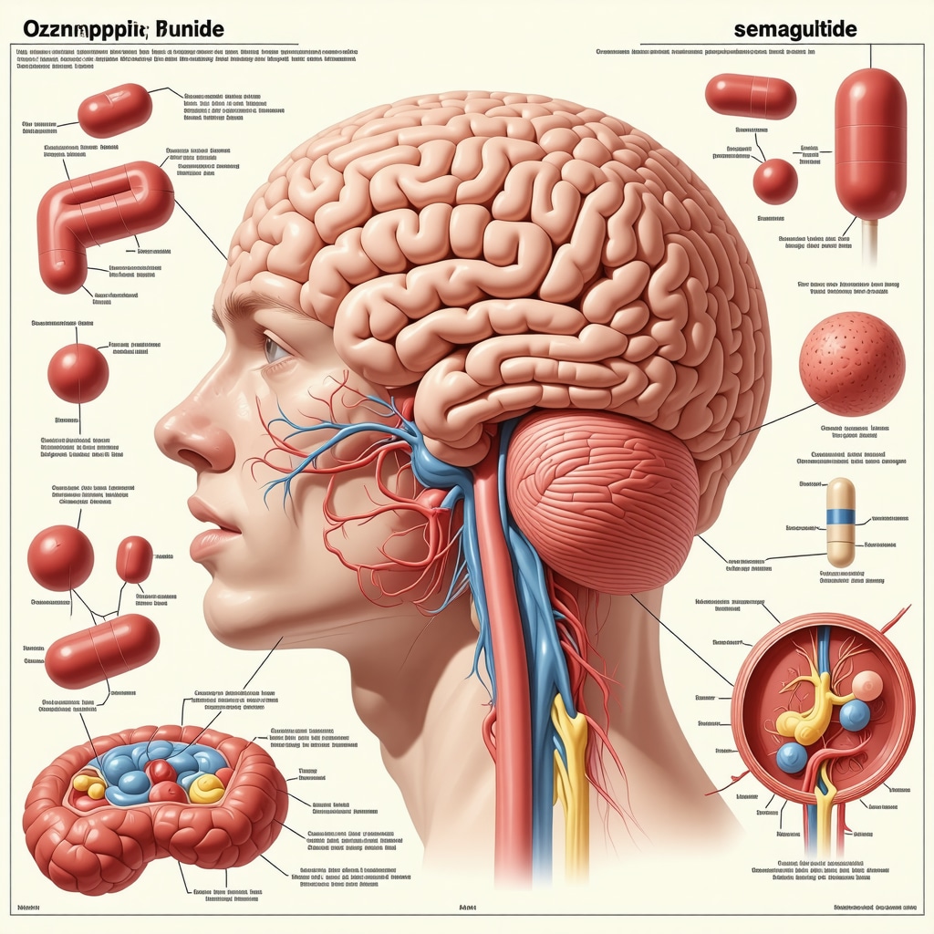 Medical illustration depicting Ozempic's effects on brain and digestive system for weight loss