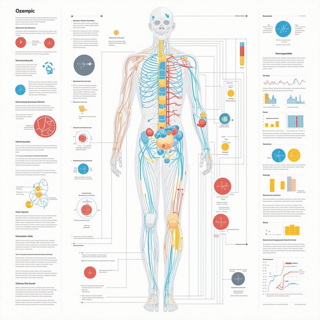 Illustration depicting pharmacogenomic influences and gut-brain axis modulation by Ozempic with digital health tools