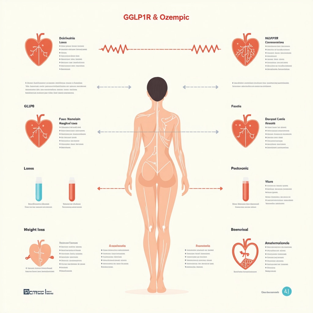 Infographic illustrating genetic factors influencing Ozempic response, cardiometabolic benefits, and behavioral integration for weight loss