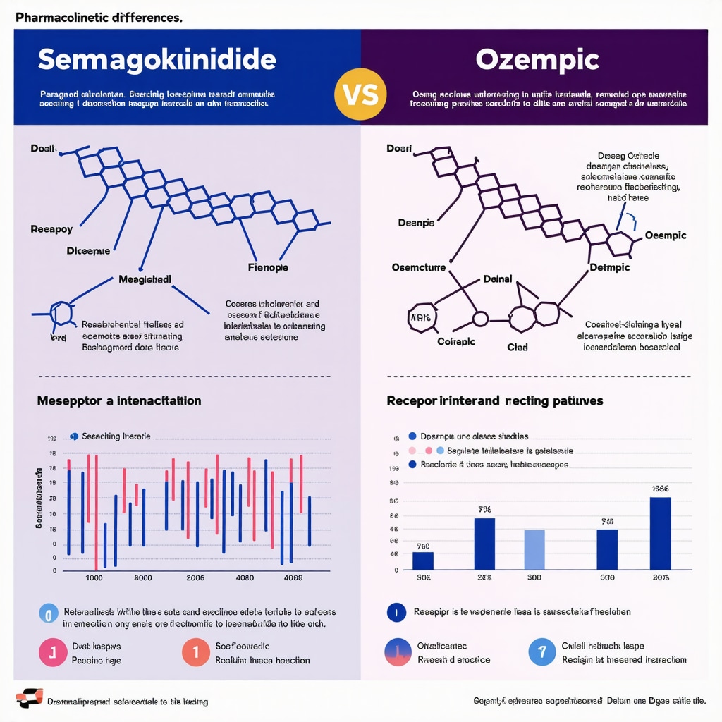 Infographic showing molecular structures, dosing schedules, and receptor pathways of Semaglutide vs Ozempic
