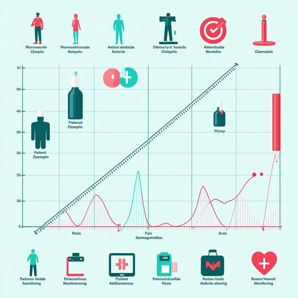 Graph depicting semaglutide plasma levels alongside icons representing biomarkers and telehealth monitoring