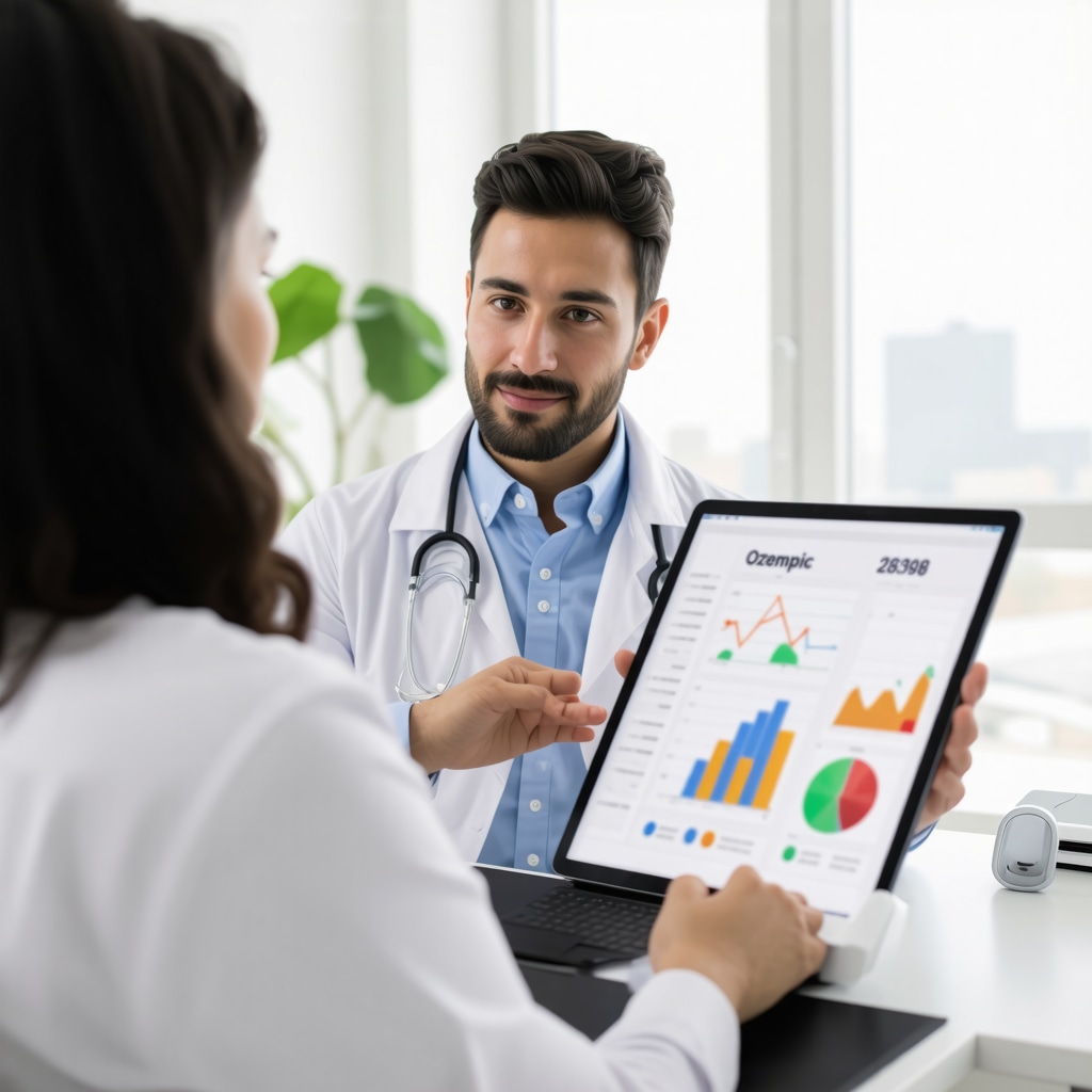 Doctor consulting patient with tablet displaying personalized Ozempic treatment data and metabolic graphs