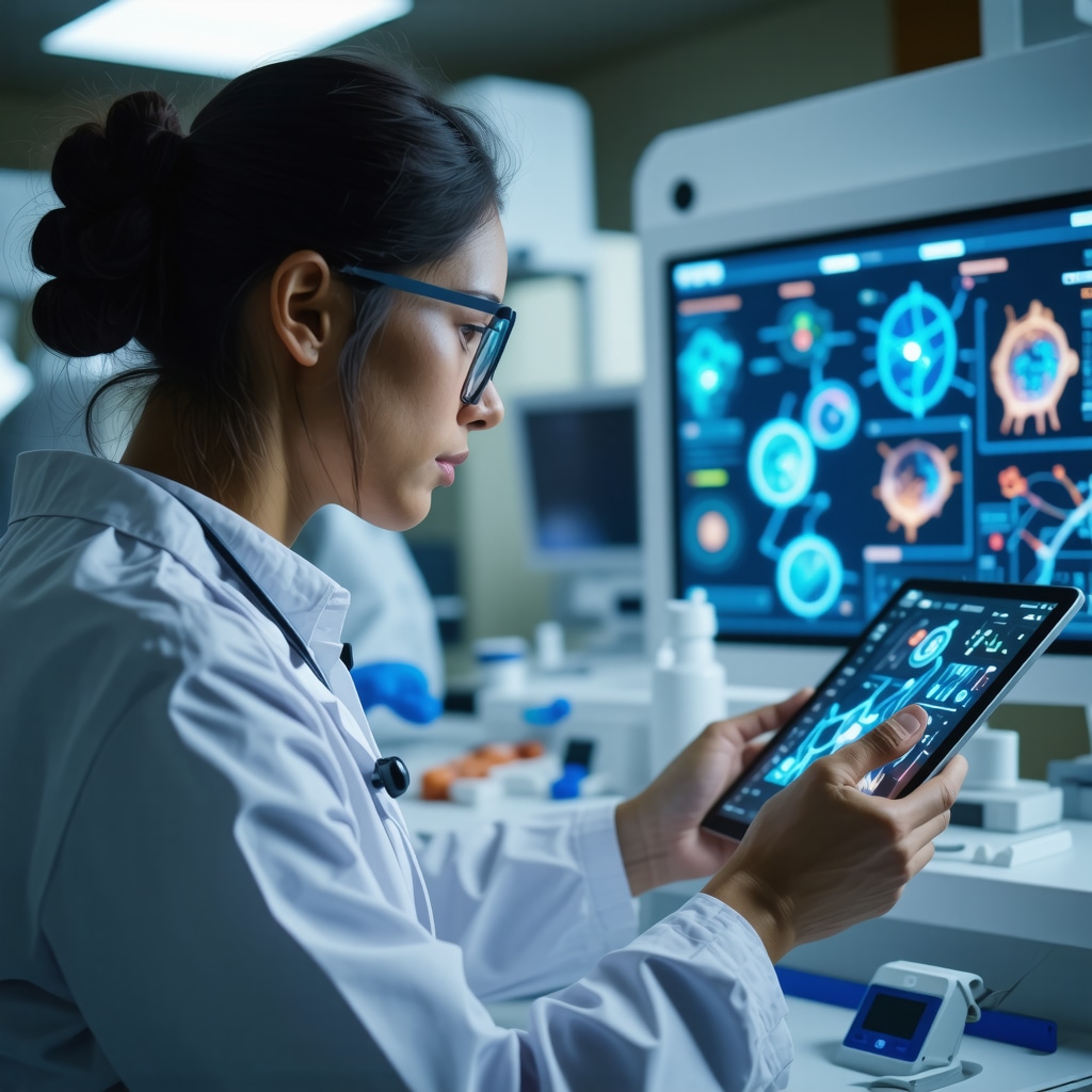 Physician reviewing genetic and AI data to personalize Ozempic dosage with patient monitoring devices