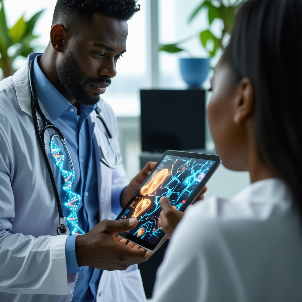 Doctor reviewing genetic biomarker data on tablet to personalize Ozempic therapy with patient