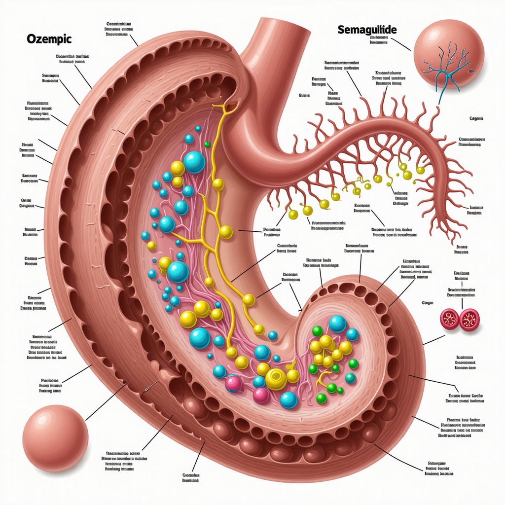 Diagram depicting Ozempic molecules interacting with gut microbiota affecting metabolic pathways and obesity