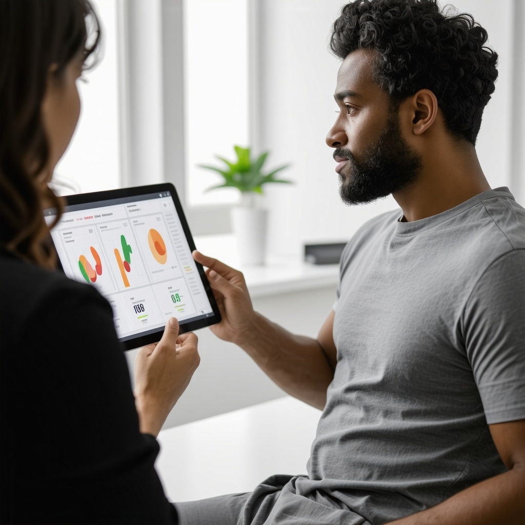Clinician reviewing wearable biosensor data on tablet during Ozempic treatment session