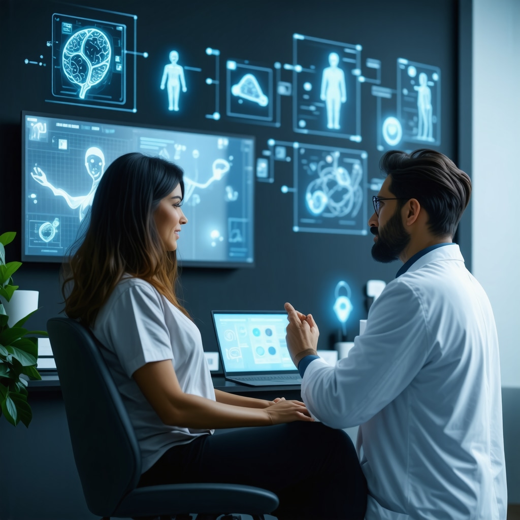 Virtual medical consultation with genetic data and behavioral therapy icons illustrating precision weight loss treatment