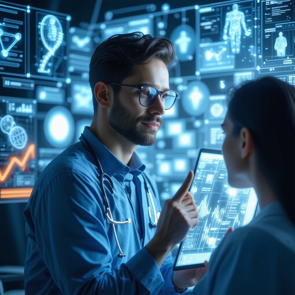 Patient consulting doctor via telehealth with holographic data displays showing genetic and metabolic information for personalized Ozempic treatment