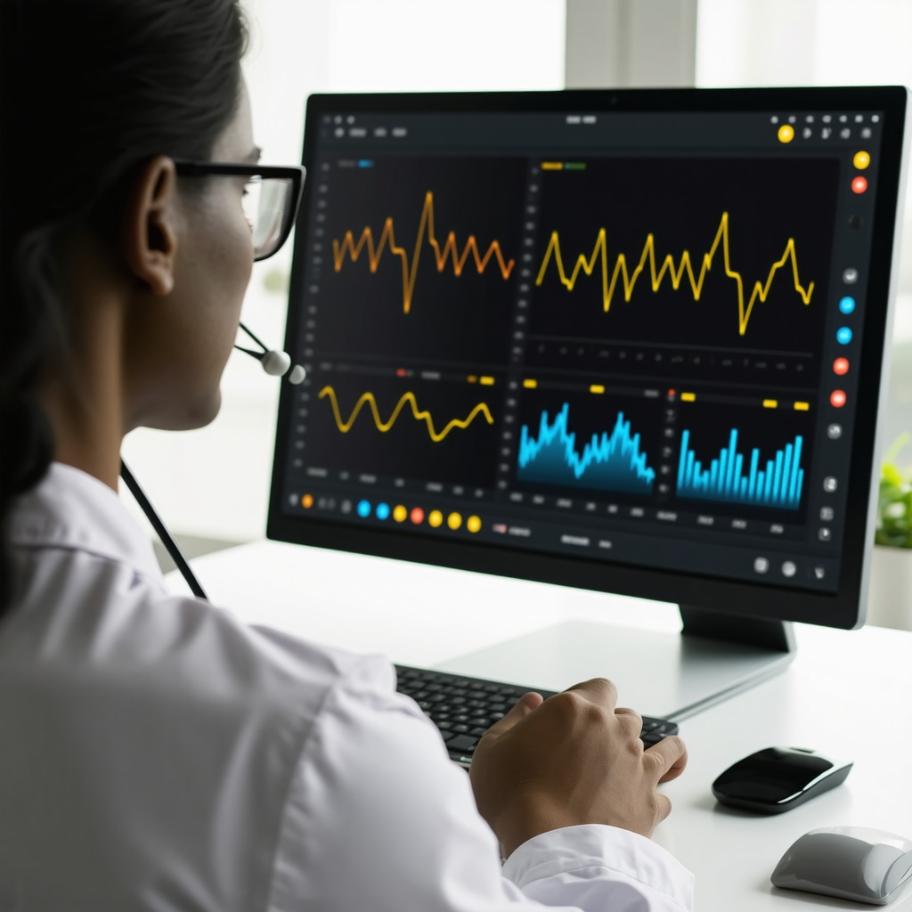 Patient wearing wearable biosensors during telehealth consultation displaying real-time health data and AI analytics on clinician's screen