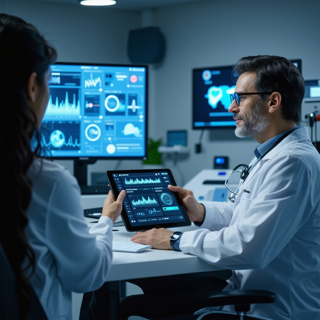 Patient and doctor engaging in telemedicine consultation with digital health data displays