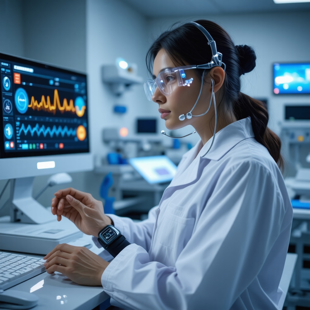 Patient wearing wearable biosensors with AI health monitoring interface displaying physiological data