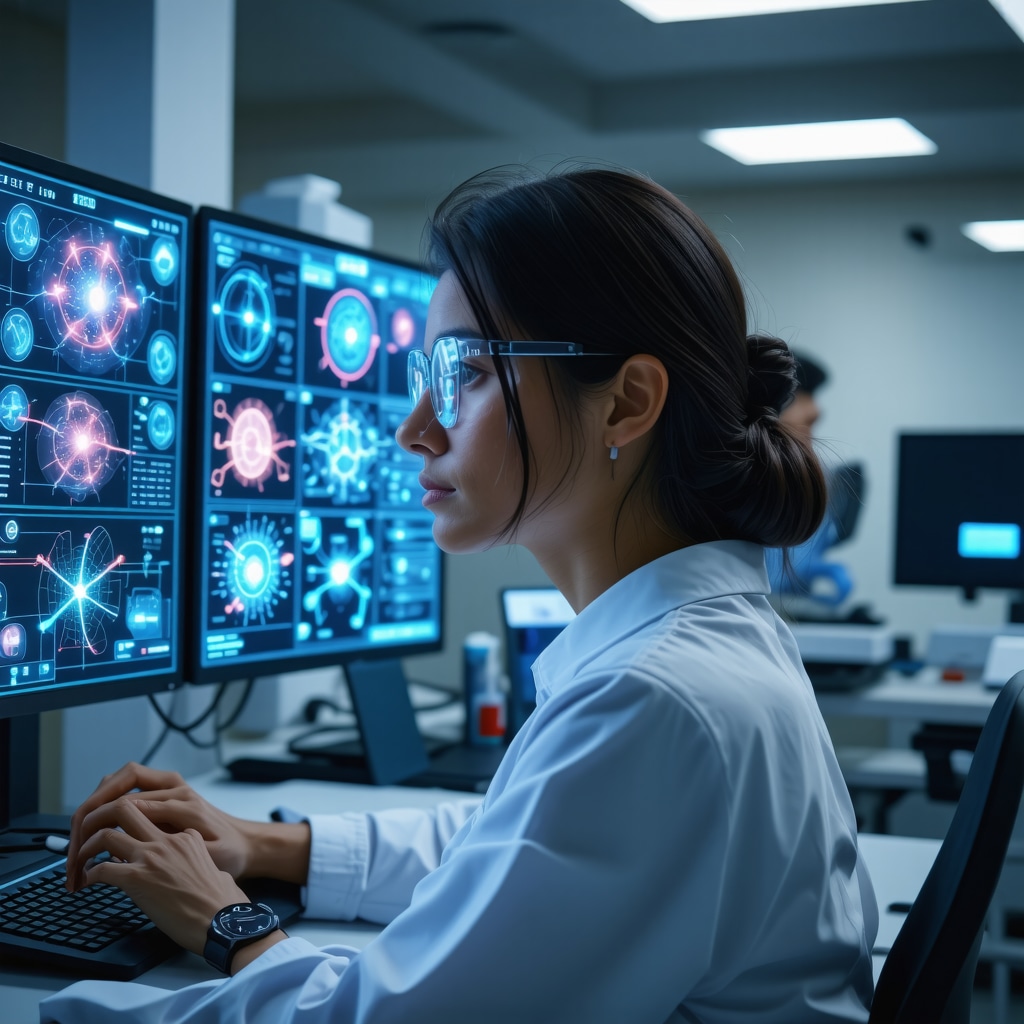 Patient using wearable devices and AI data visualizations to optimize Ozempic treatment in a clinical setting