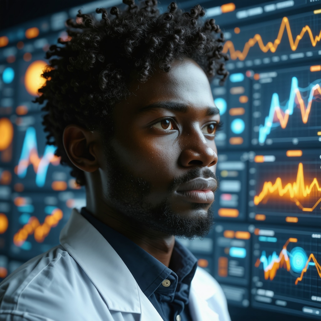 Futuristic medical data dashboard showing AI analytics, wearable health devices, and genetic information.