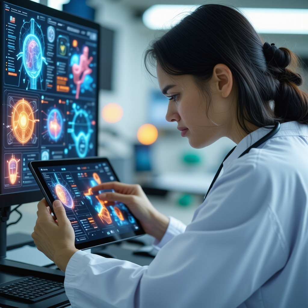 Healthcare professional using AI-powered digital health tools with biomarker analytics and pharmacology data overlays
