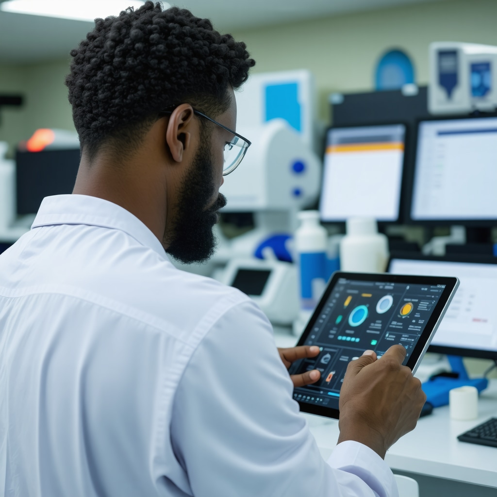 Doctor analyzing diagnostic data on a tablet in a modern clinic setting