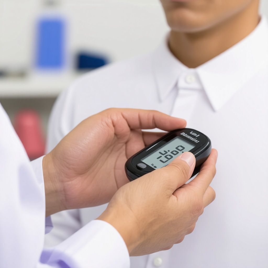Person using a glucose monitor with healthcare professional analyzing data in a clinic