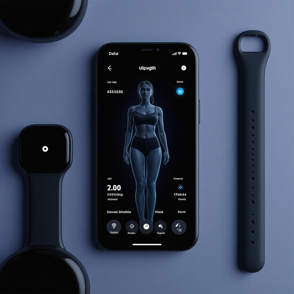 Futuristic mobile app interface with health data and wearable device