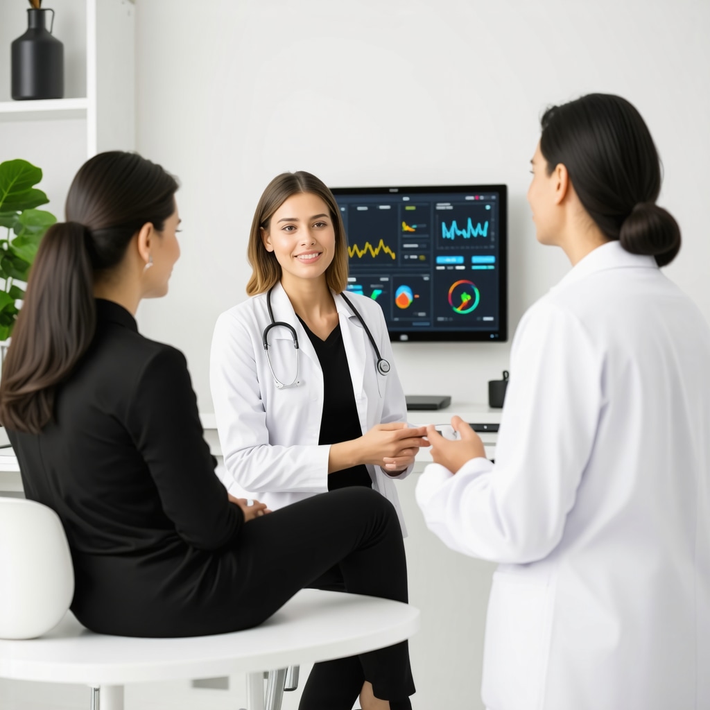 Healthcare professionals discussing weight management plans with digital health tools in a modern clinic.