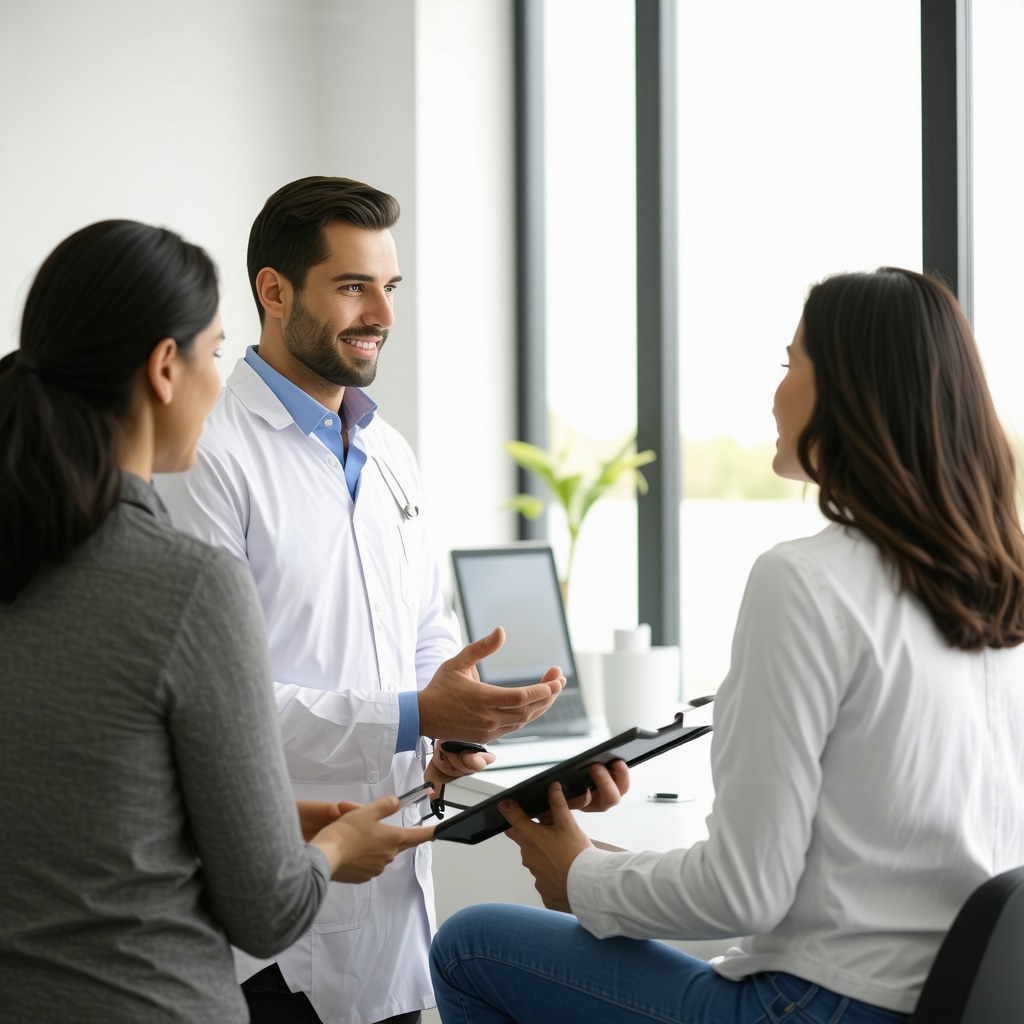 Doctor consulting with patient about safe Ozempic treatment options in a high-tech clinic.