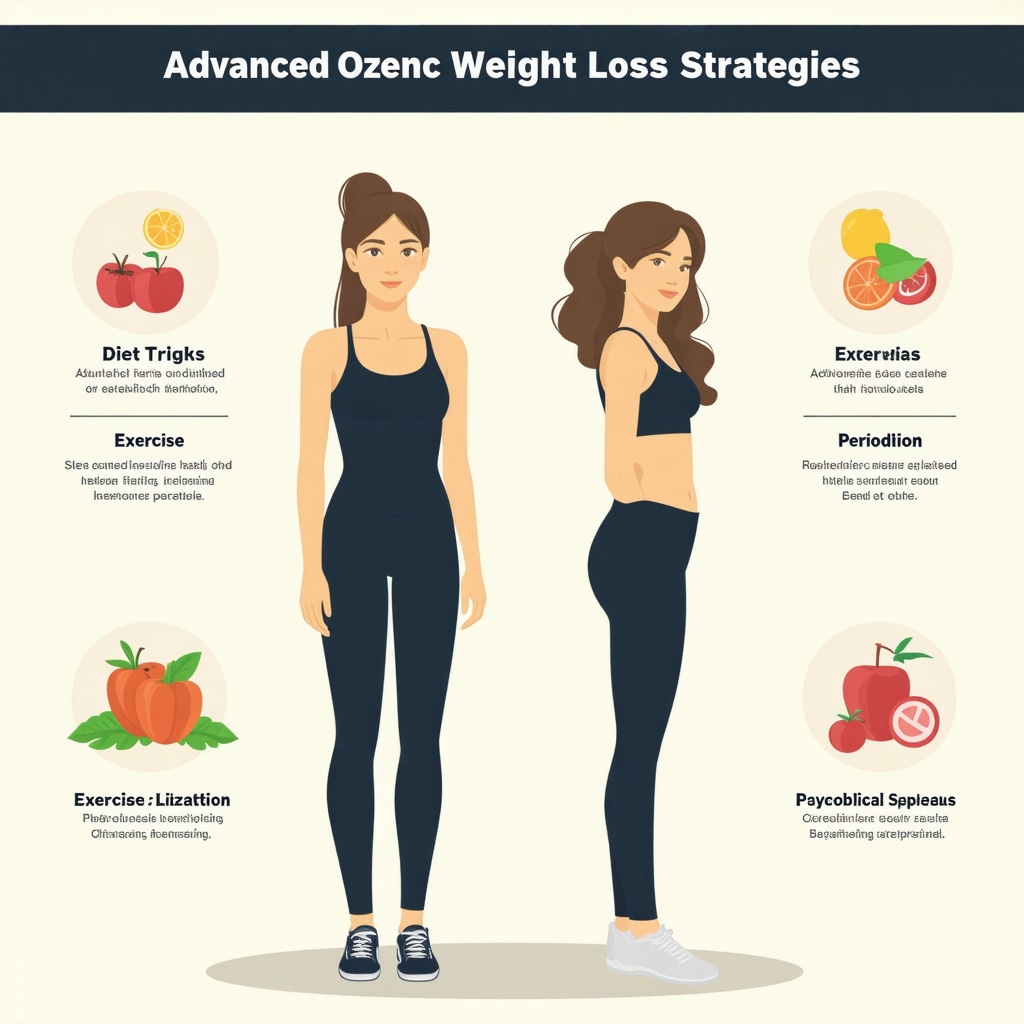 Infographic showing diet, exercise, and psychological strategies to enhance Ozempic weight loss results